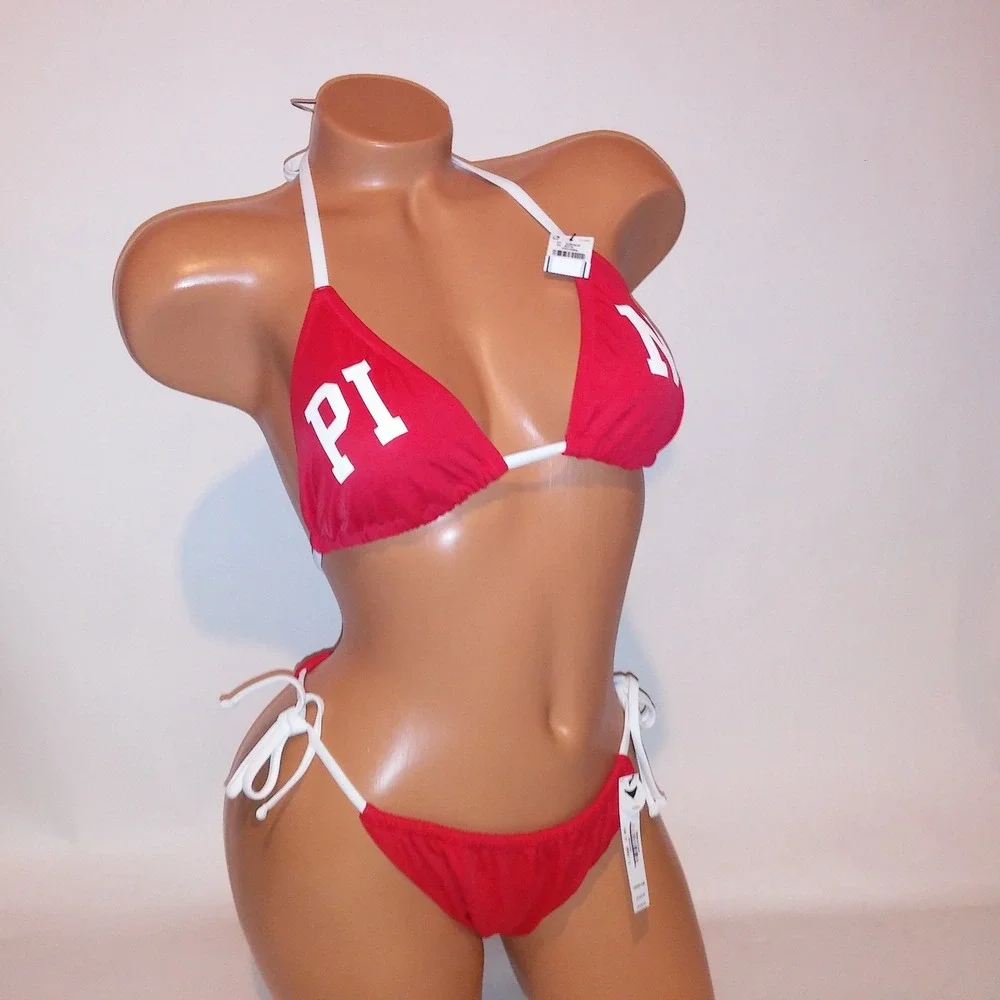 Victoria Secret PINK Swim Bikini Medium Top Large Bottom Red White Logo Triangle